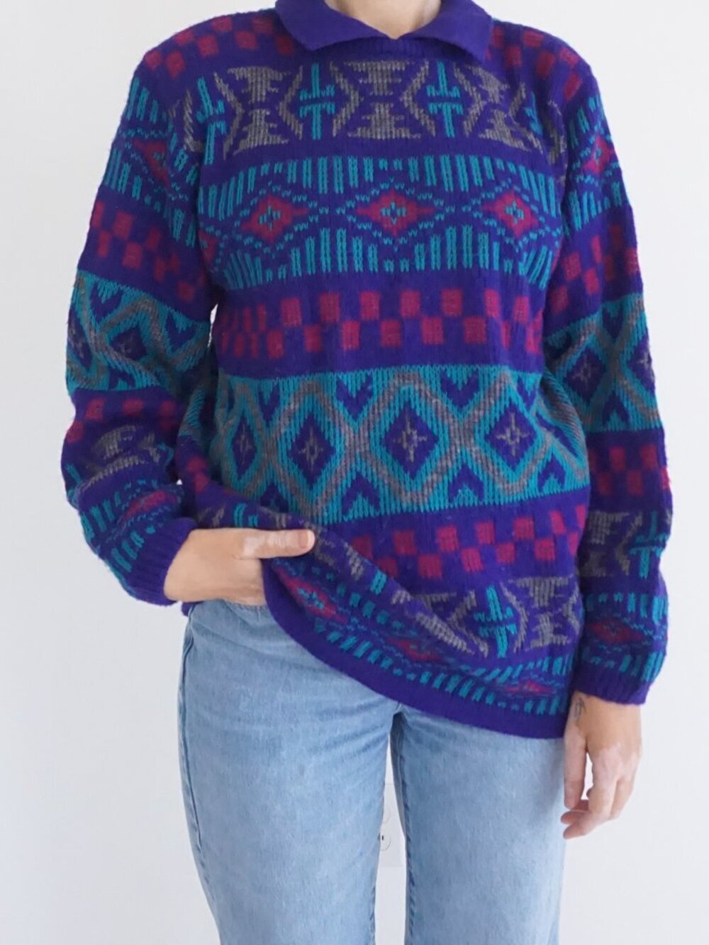 Vintage Alfred Dunner Purple Geometric Pattern Knit Collared Sweater M